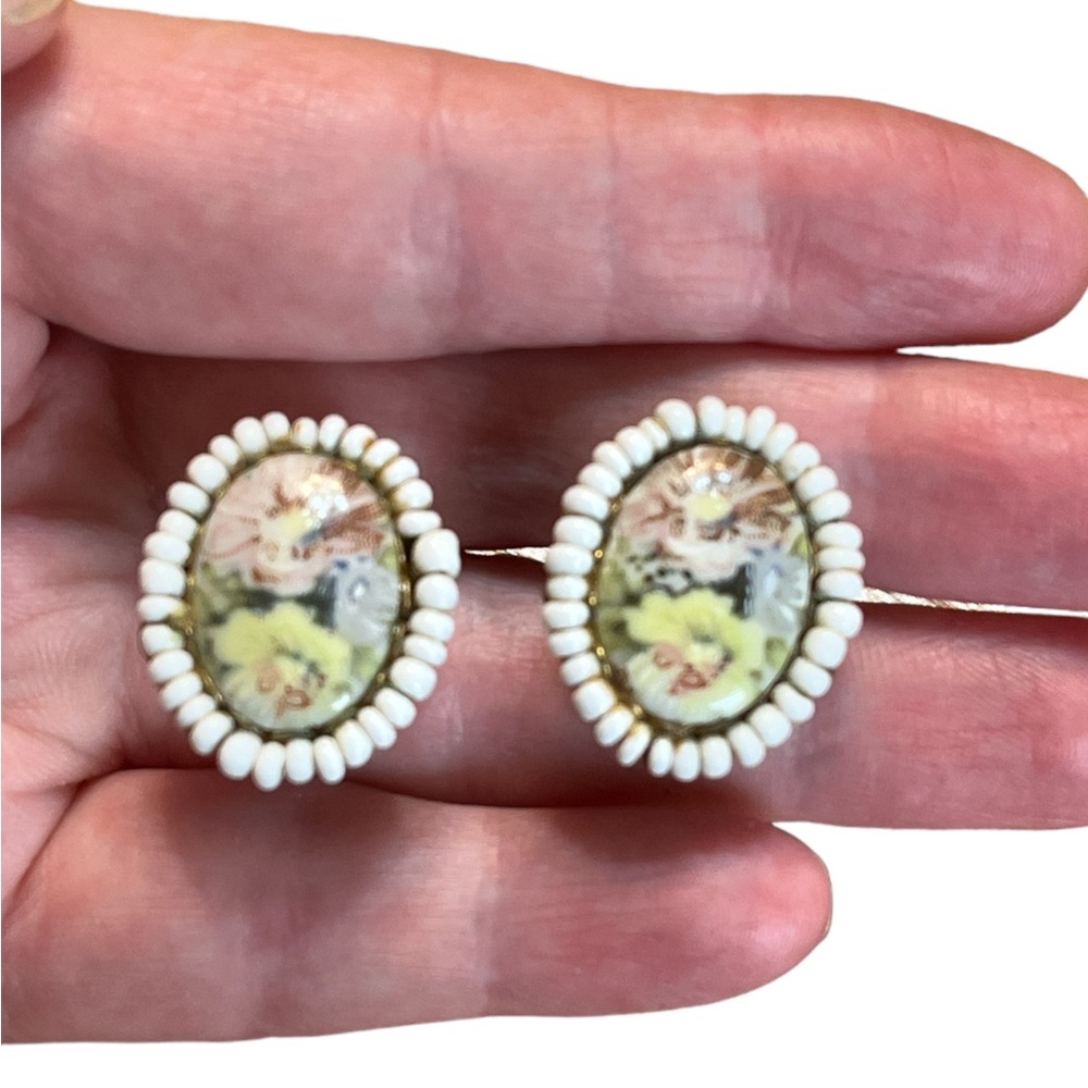 Vintage Miriam Haskell Floral Enameled Beaded Earrings